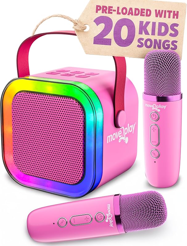 Move2Play, Máquina de Karaoke para Niños | Incluye más de 20 canciones para niños | 2 micrófonos | Conéctese con Bluetooth | Regalo de 3, 4, 5, 6, 7+ años | Juguete para niñas, niños y niños pequeños | Regalo de cumpleaños