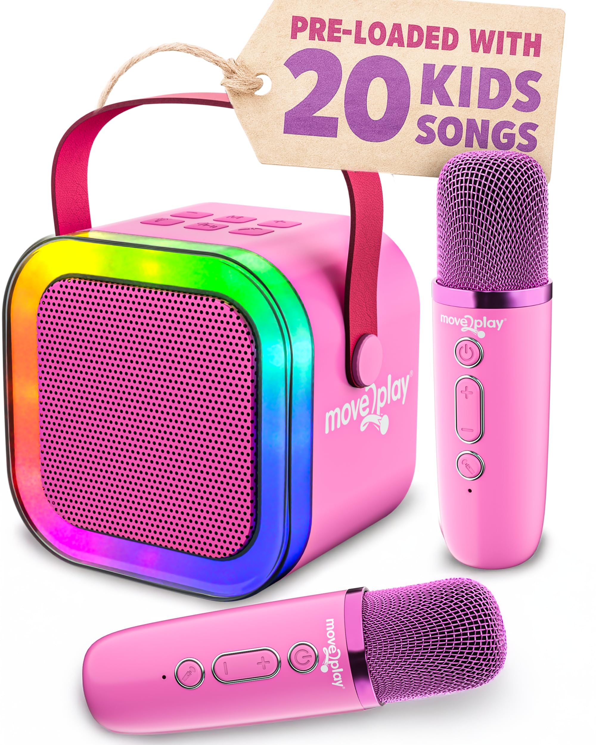Move2Play, Karaoke Machine for Kids | Includes 20+ Kid Songs | 2 Microphones | Connect with Bluetooth | 3, 4, 5, 6, 7+ Year Old Gift | Toy for Girls,