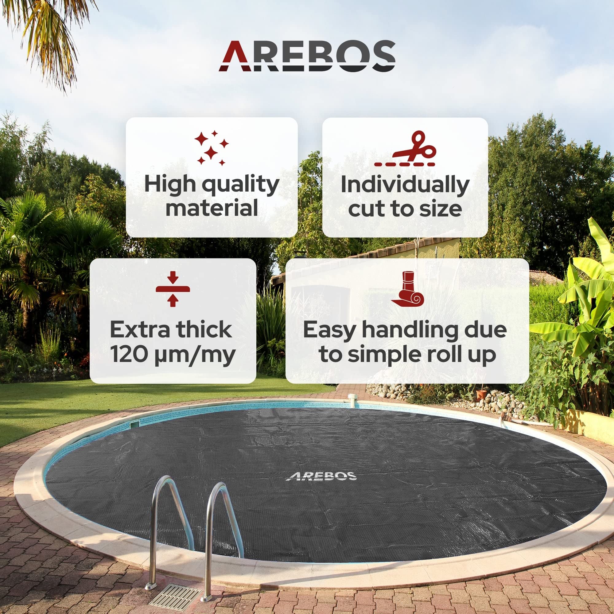 Arebos Pool Solarabdeckplane rund Ø 3,66m Schwarz | Solarplane Stärke 120 µm | Solarfolie zuschneidbar | Poolheizung Wassererwärmung Wärmeplane