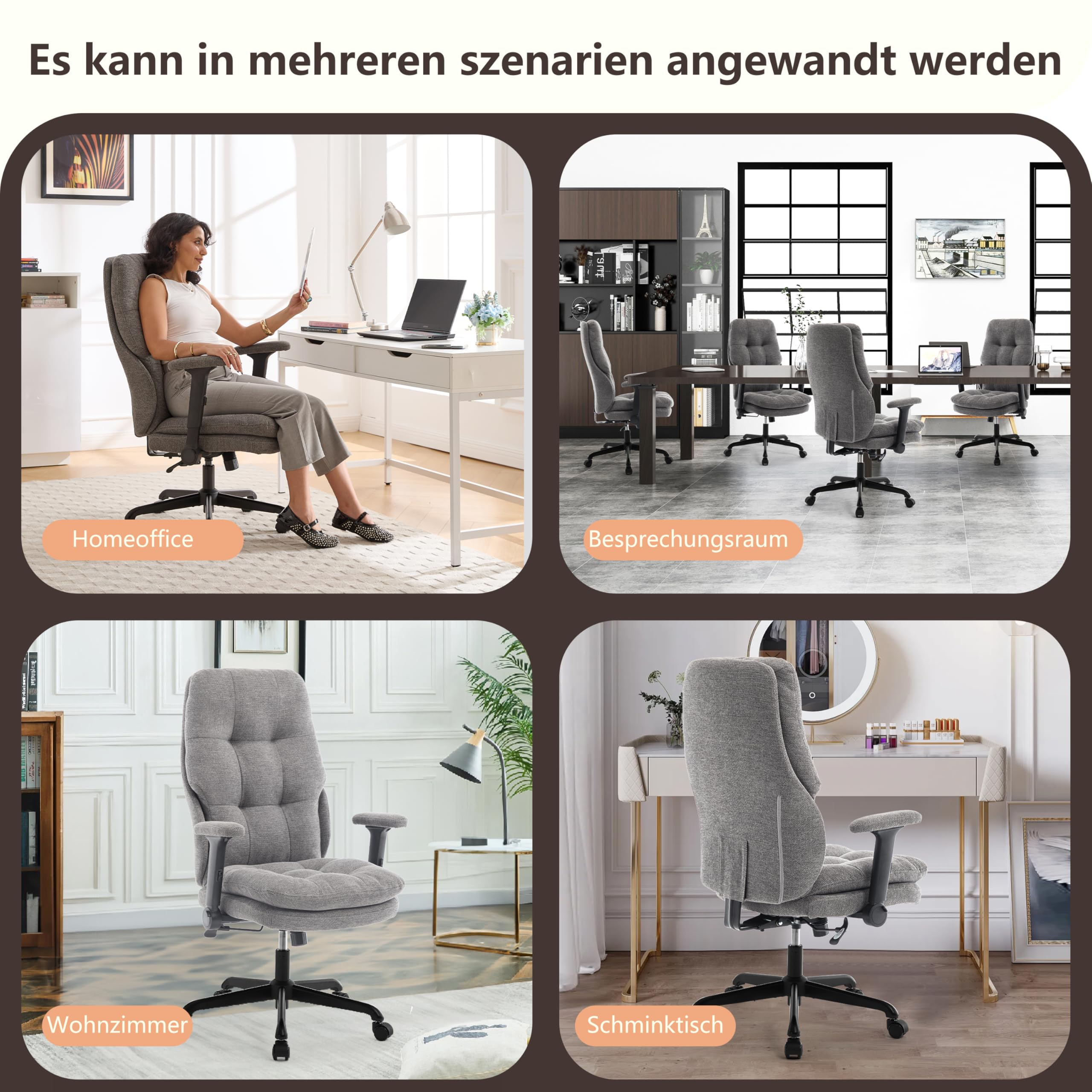 Fizzin Grau Ergonomischer Bürostuhl Chefsessel | Hohe Rückenlehne, Doppelkissen-Armlehnen, umkehrbar & höhenverstellbar Computerstuhl für Büro und Homeoffice