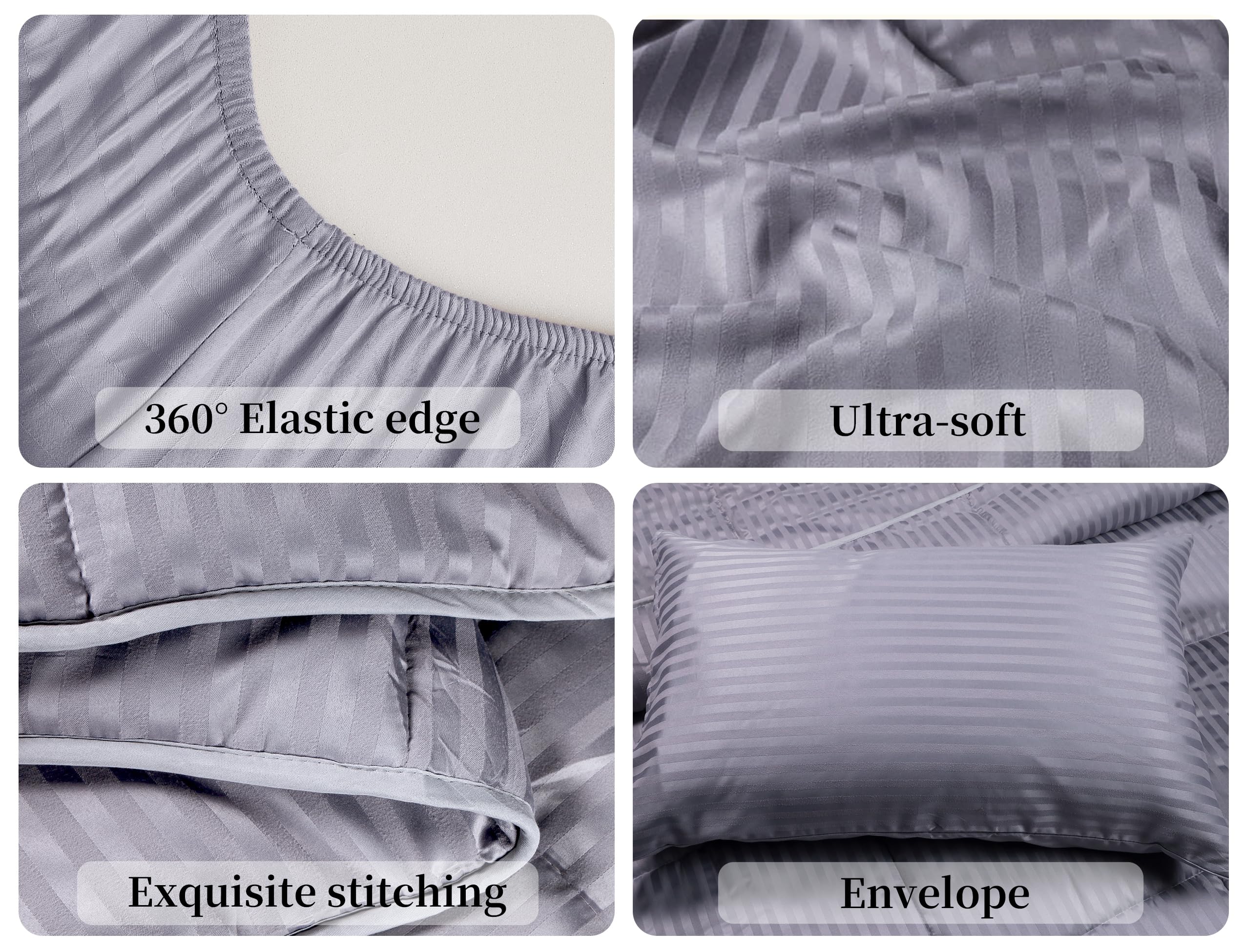 ZPECC Juego de ropa de cama para niños pequeños, juego de ropa de cama suave de 4 piezas para cuna, incluye edredón para niños, sábana encimera, sábana bajera y funda de almohada, rayas grises
