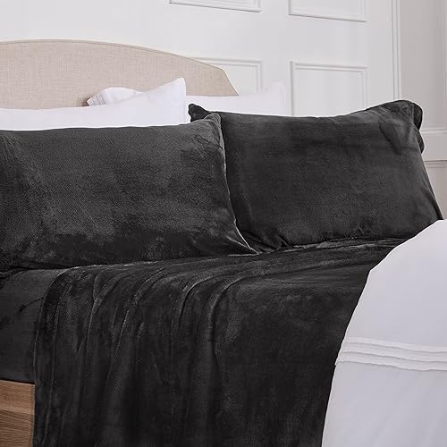 NY Loft Ultra Soft Micro Fleece Sheets Set with Extra Deep Pockets | Extra Soft Velvet Fleece Sheet Set | Super Plush Polar Fleece | Velvet Plush Cozy Warmth | Tribeca Collection (Full, Black)