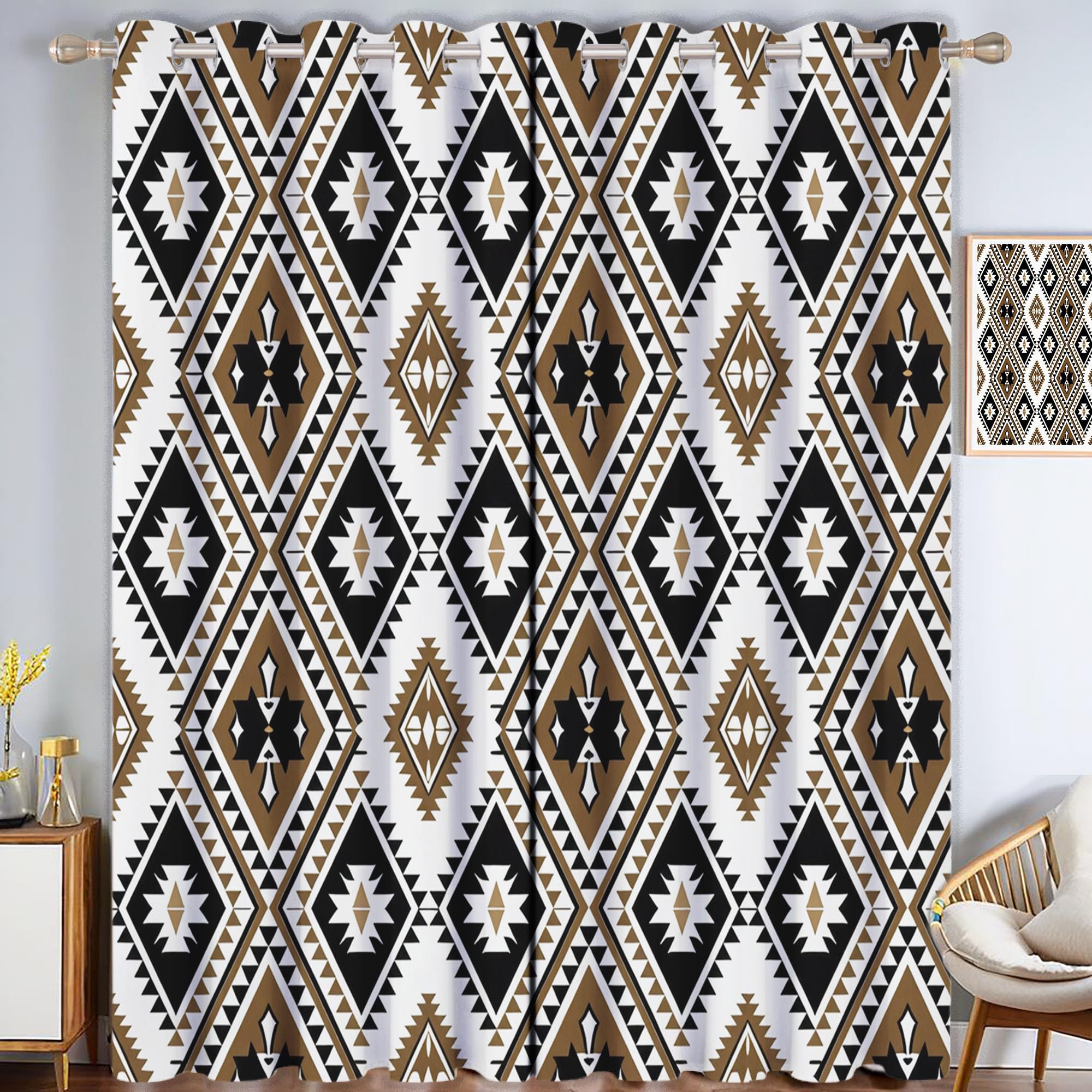 Cortinas Opacas con Estampado Arte Geométrico Dormitorio, 140×245 CM, con Estampado de Forma De Diamante CaíDas con Ojales, Aislamiento TéRmico Marrón, ReduccióN De Ruido, Juego De 2