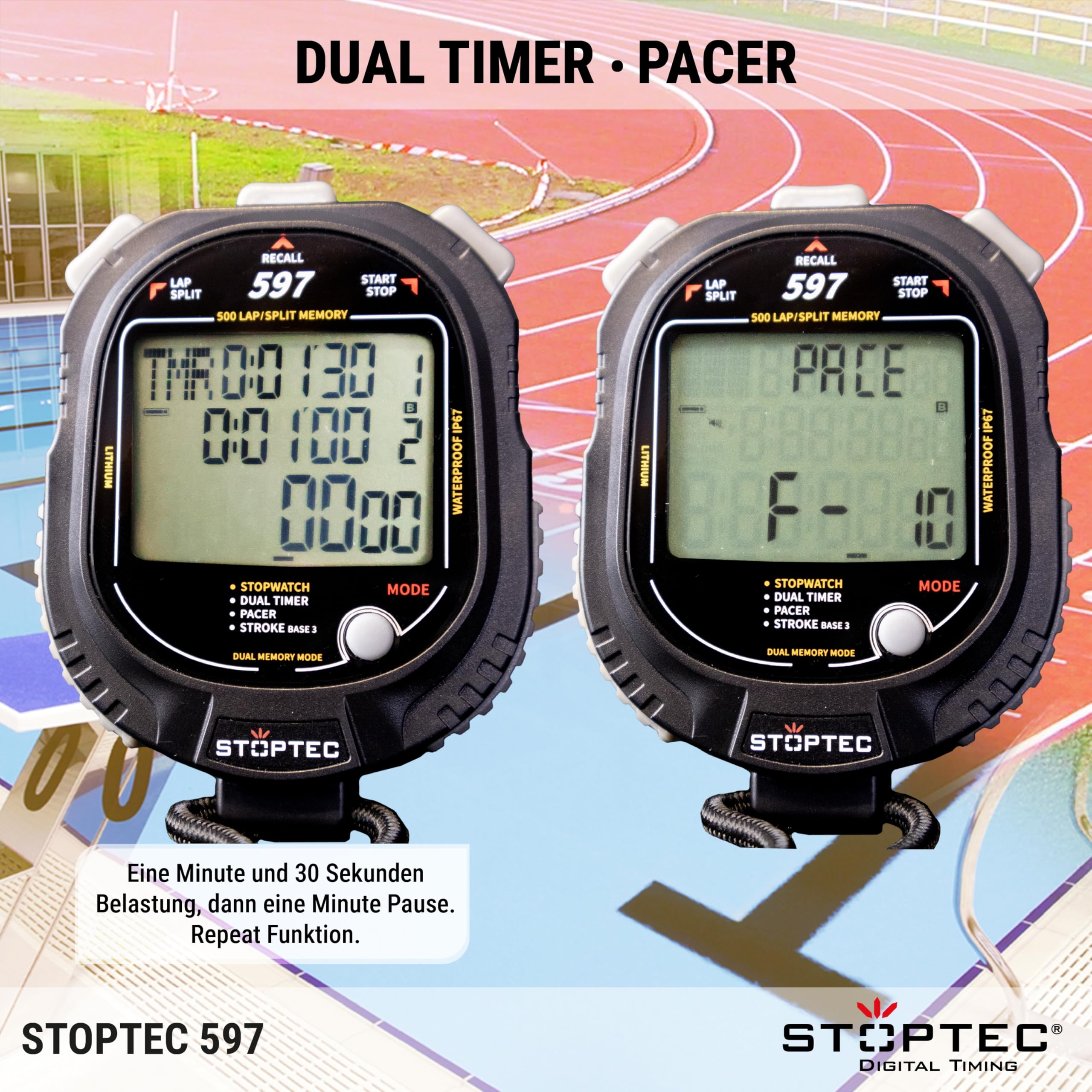 Stoptec - Cronometro 597, grande display a 3 righe, meccanismo a punti di pressione, 500 memoria, doppio timer, pacer, misurazione del numero di colpi, display e suono acceso e disattivabile