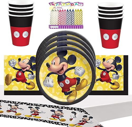 Paquete de suministros para fiestas de Mickey Mouse para 16 platos de postre de 7 pulgadas, servilletas de bebidas y cubierta de mesa con velas de