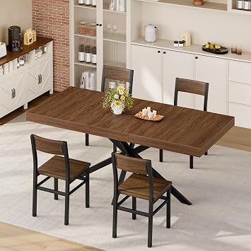 5-Piece Dining Table Set for 4 6 8, Large 55"-70.9" Extendable Dining Room Table Rectangle with Kitchen Chairs of 4, MDF Wood & Metal Frame for Apartment Kitchen Saving Space, Rustic Farmhouse, Walnut