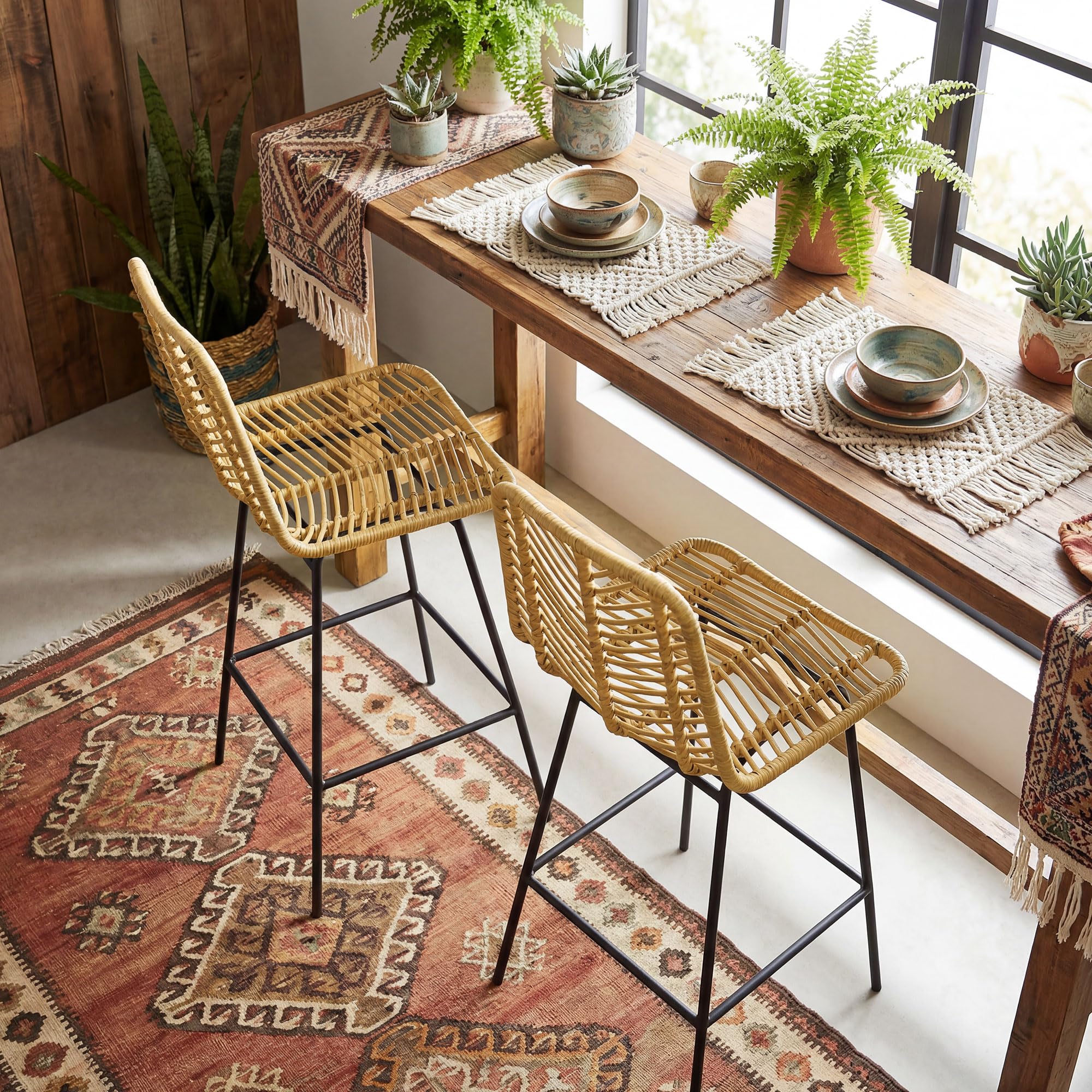 HOMCOM Lot de 2 Tabourets de Bar, Chaises de Bar, Assise 66H cm, Dossier en Cannage et Repose-Pieds, Cadre en Acier, Design Bohème, Chaises Hautes Cuisine, Salle À Manger, Comptoir, Jaune