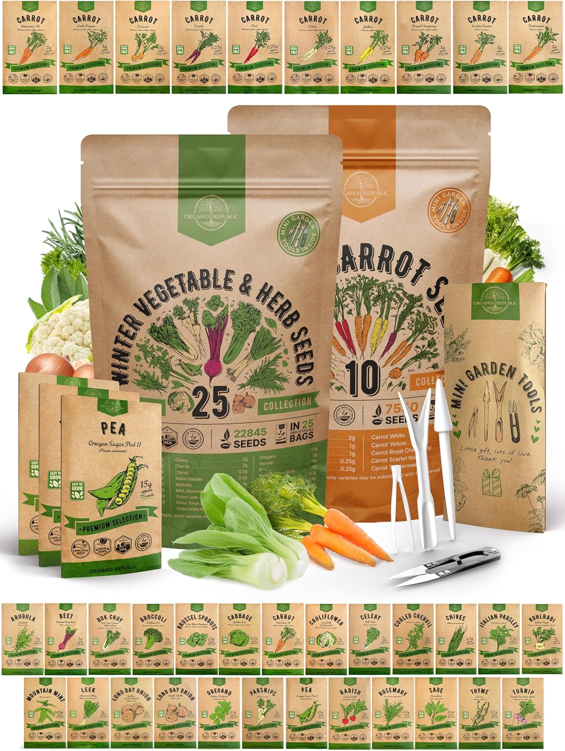 Organo Republic 25 Winter Vegetable & Herb and 10 Carrot Seeds Variety Pack Bundle, 30,300+ Non-GMO Heirloom Garden Seeds for Planting Vegetables for Indoor & Outdoor Gardening