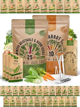 Organo Republic 25 Winter Vegetable & Greens and 10 Carrot Seeds Variety Pack Bundle, 35,200+ Non-GMO Heirloom Garden Seeds for Planting Vegetables for Indoor & Outdoor Gardening