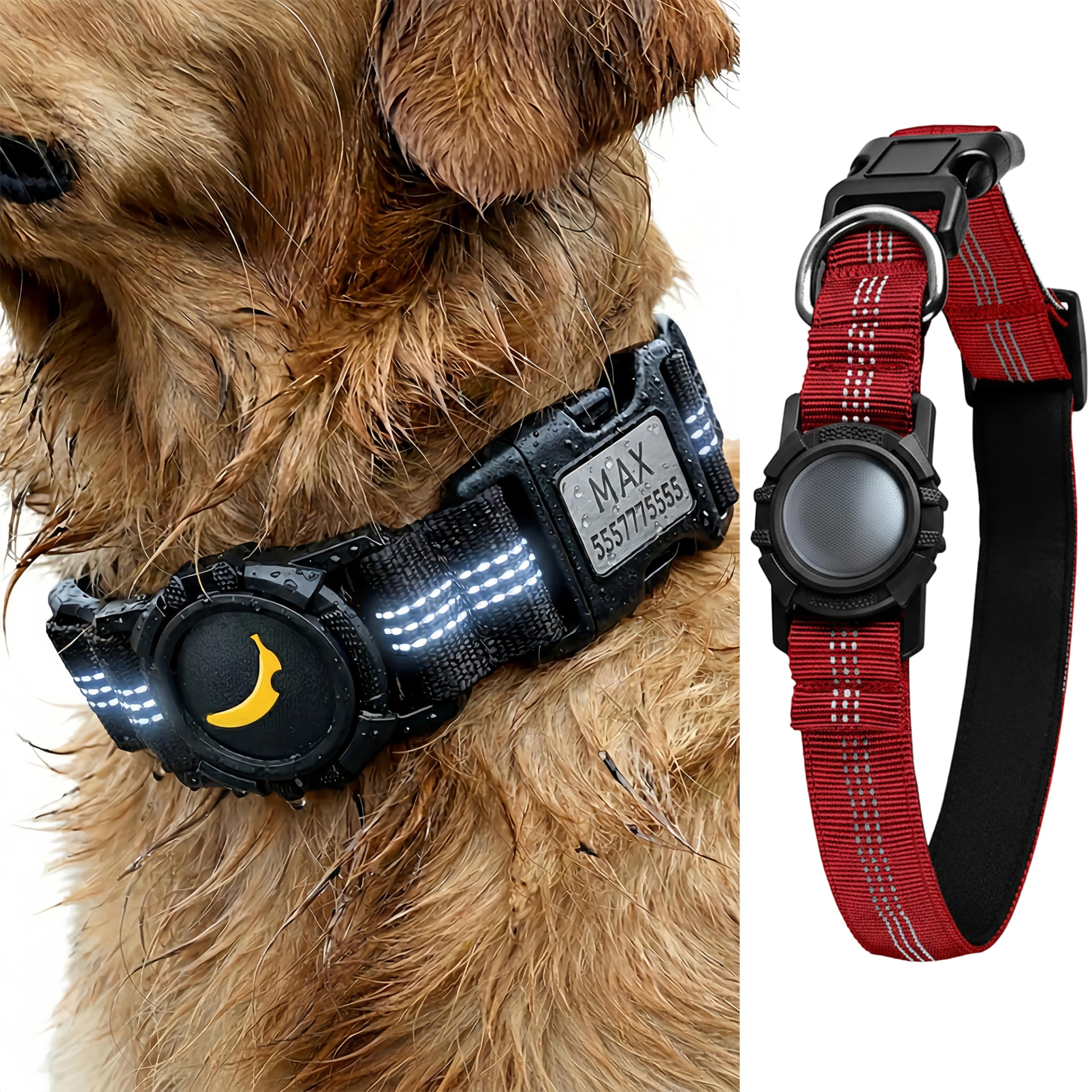 CEMULA Personalised AirTag Dog Collar, Waterproof Holder, Engraved Stainless Steel ID Buckle, 360° Reflective Heavy-Duty Nylon Collar (AirTag Not Included) (Burgundy, L (16–24"))