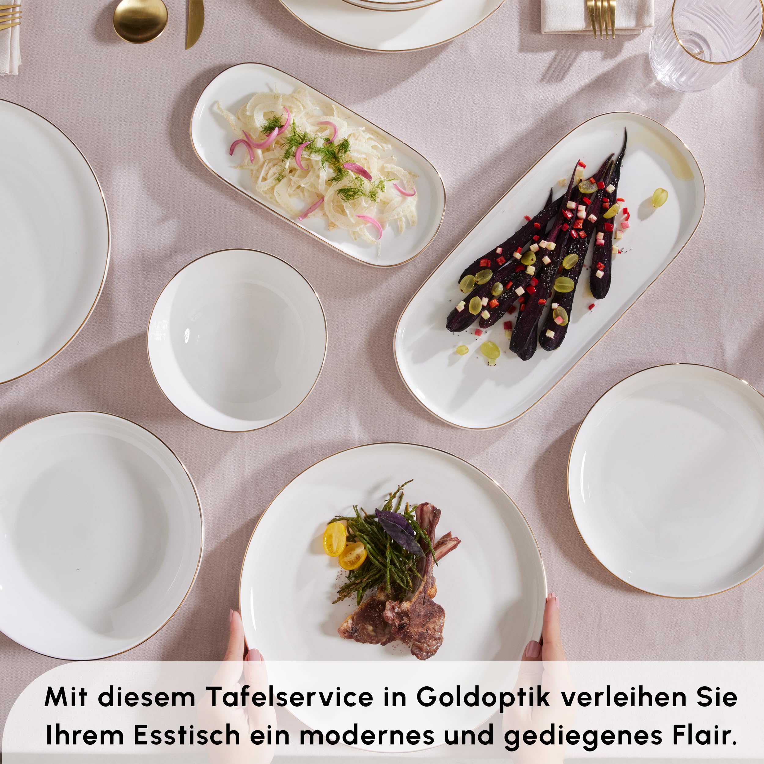 Karaca Streamline Favaro Gold 56-teiliges Geschirrset – Elegantes Gold-Akzent New Generation Bone für anspruchsvolle Tischarrangements und vielseitige Verwendung