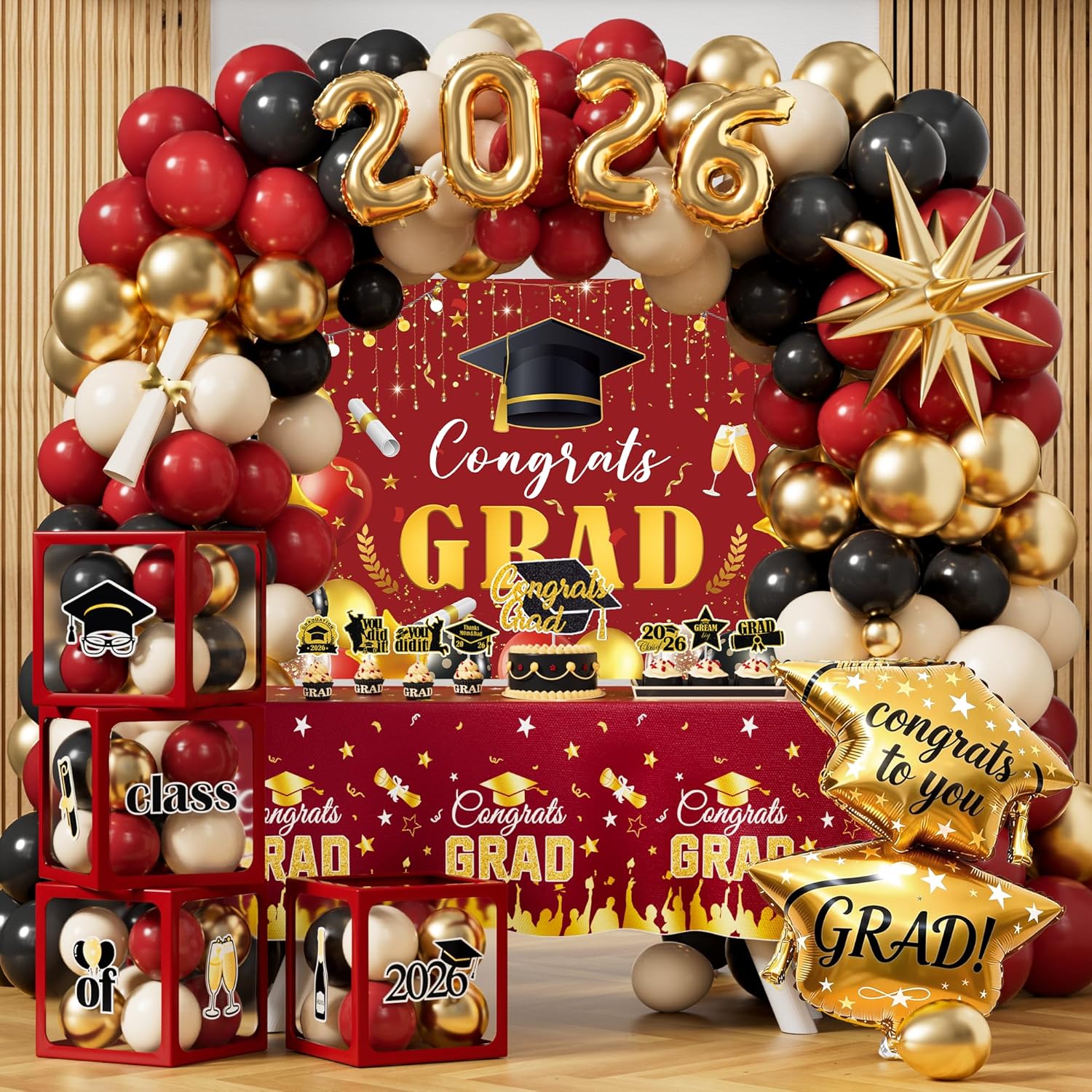 Graduation Party Decorations 2026 Kit, Red Gold Congrats Grad Class Of 2026 Supplies Set, 2026 High School College Graduation Decorations, Graduate Backdrop Tablecloth Balloon Garland Boxes Banner