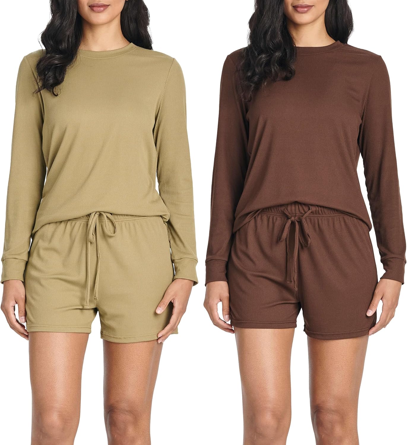 Real Essentials 2 Pack: Women's Ribbed Knit Long Sleeve Top and Shorts Pullover Lounge Pajama Set (Available In Plus Size)