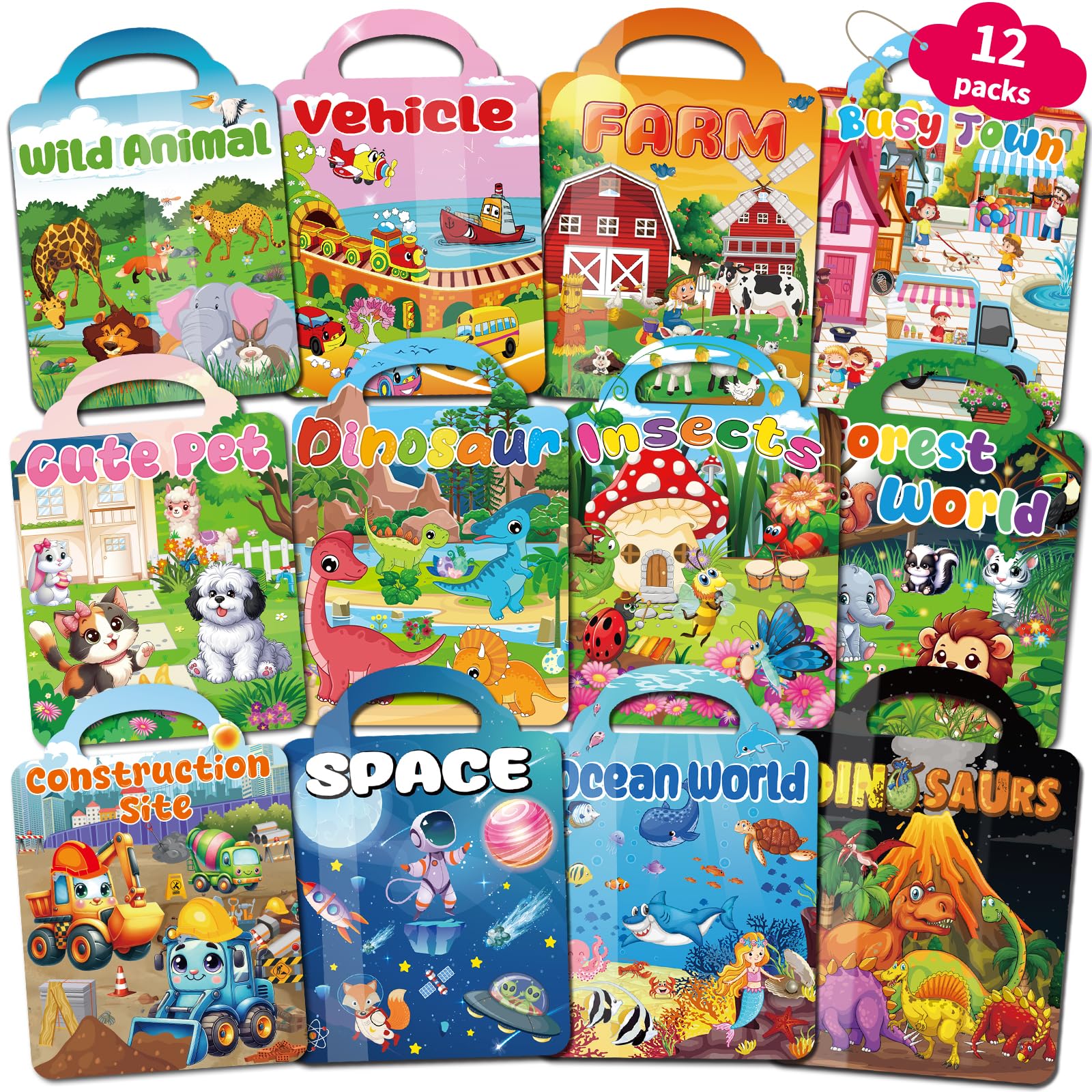 Kalysky 12 Pack 3D Sticker Book for Kids 2 3 4, Reusable Sticker Books for Toddlers with 600+ Puffy Stickers, Activity Pack Learning Toy Birthday Gifts Party Favours Goodie Bags