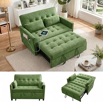 Dreamzie 55 3 in 1 Convertible Sofa Bed with USB Charging Ports, Pull Out Couch with Adjustable Backrest and Side Pockets, Sleeper Sofa for Living Room, Apartment, RV, Easy Assembly - Green