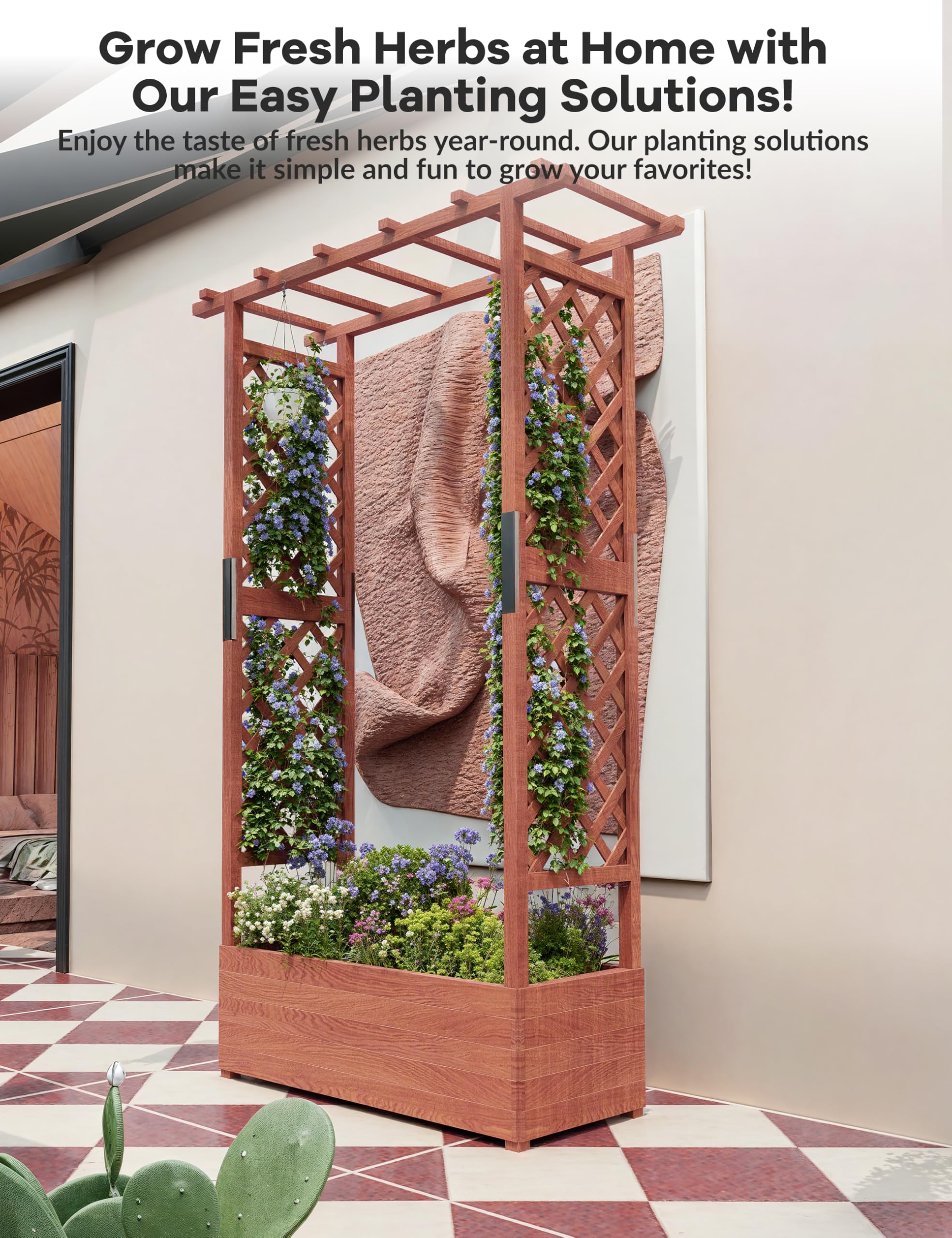 Jardinera Elevada Con Enrejado GOPLUS - Madera De Abeto, Color Naranja, 100x44x113.5 Cm, Para Plantas Trepadoras Y Huerto Urbano