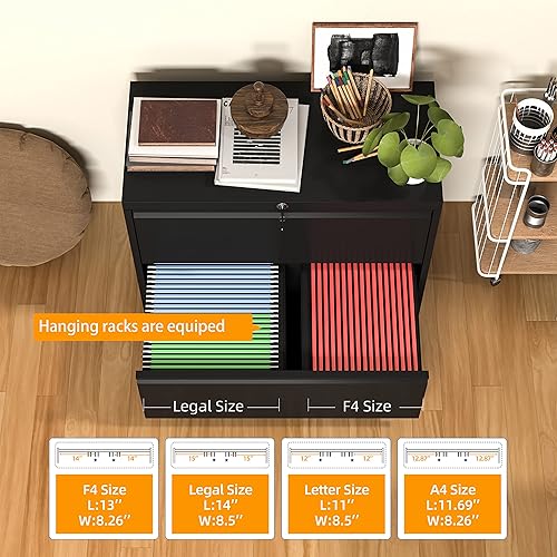 Miniatura 4 de INTERGREAT Archivador lateral con 2 cajones, color negro, archivador de metal con 2 cajones con cerradura para oficina en casa, archivador de