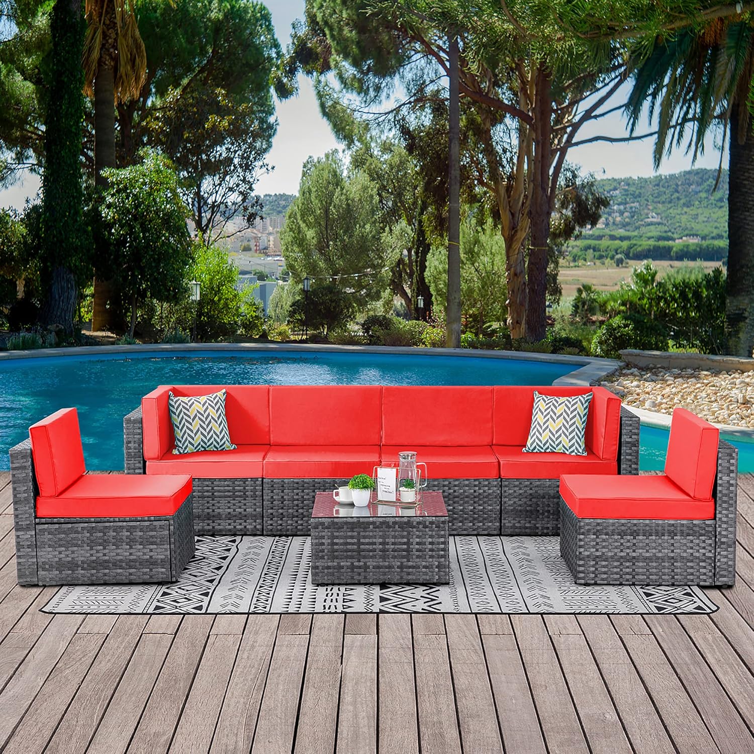 Walsunny 7 Piece Outdoor Patio Furniture Sets, PE Silver Gray Rattan Wicker Sectional Sofa Couch with Tea Table & Washable Cushions (Aegean Blue) : Patio, Lawn & Garden