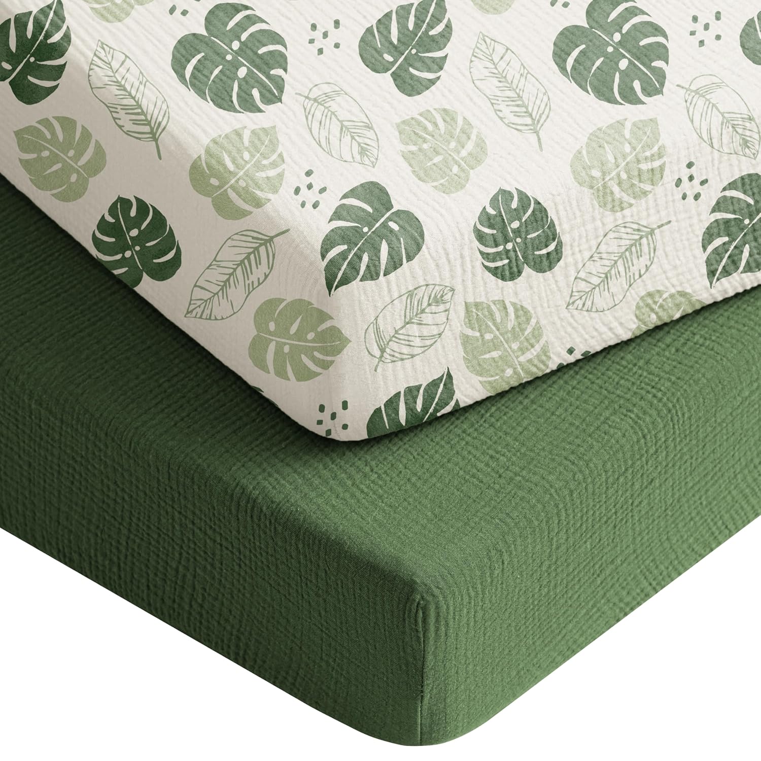 Konssy Muslin Crib Sheets for Boys, Soft Cotton Neutral Baby Sheets for Standard Crib Mattress 2 Pack, 52"x28" (Sage Green,Leaf)