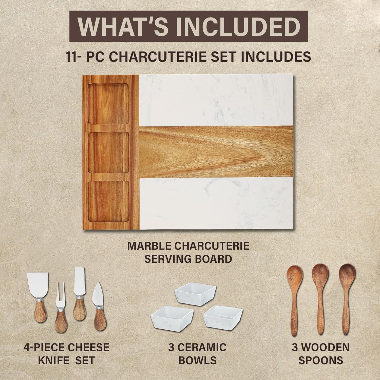 Marble Cutting Board, Charcuterie Cheese Boards Set Includes 3 Bowls, 3 Spoons, 4 Charcuterie Utensils for Meat, Fruits, Engraved Cutting Boards for Housewarming and Wedding Gift- Marble Blank - Image 3