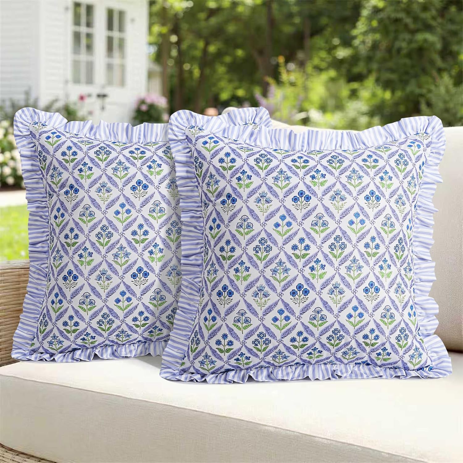 cygnus Blue Green Floral Outdoor Pillow Covers 18x18 Inch Waterproof Ruffle Decorative Spring Summer Throw Pillow Covers for Couch Patio Furniture Garden Bench Porch Outdoor Decor, Set of 2