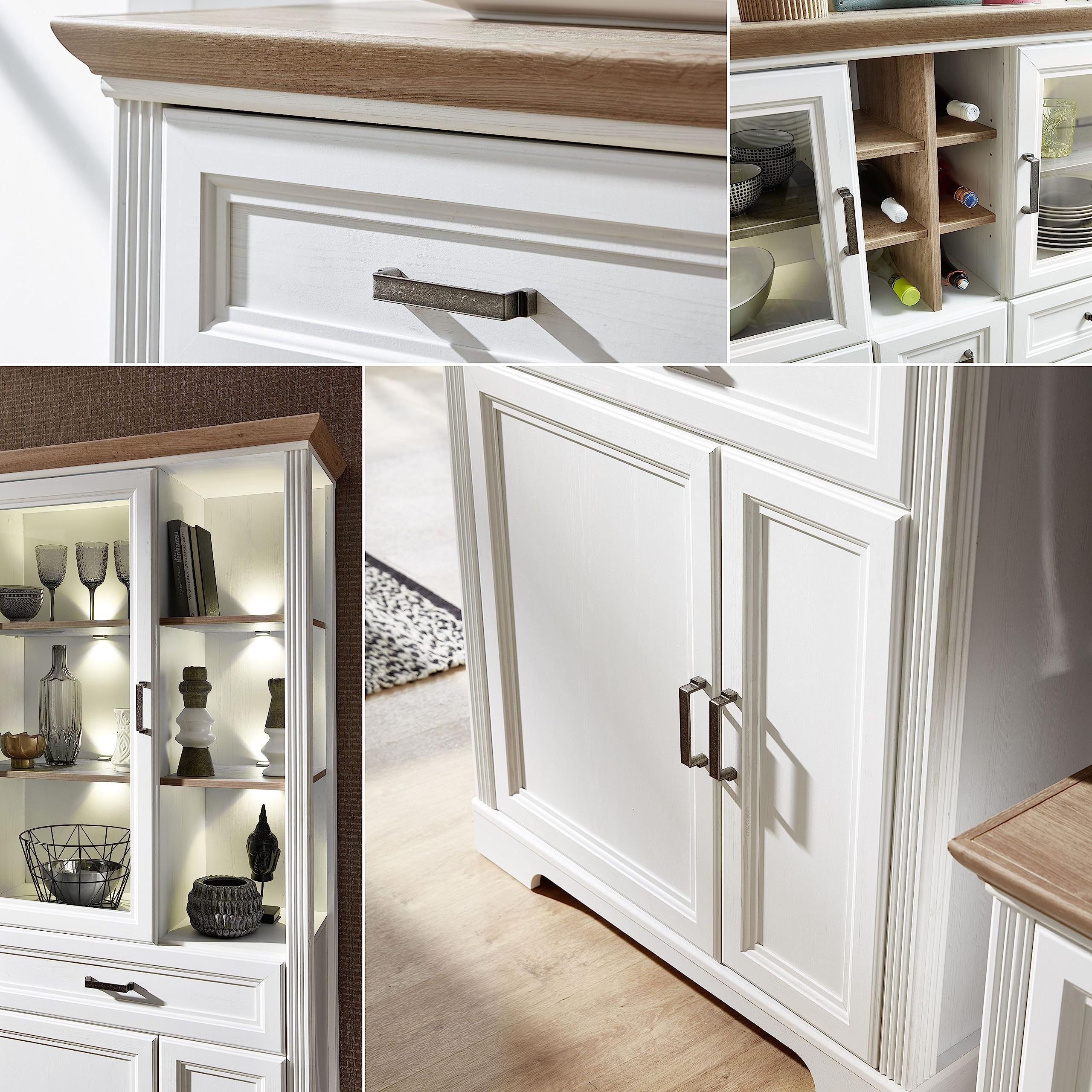 Stella Trading Stauraumelement in Pinie hell, Artisan Eiche Optik - Wohnzimmerschrank mit LED-Beleuchtung und viel Stauraum im Landhausstil - 93 x 150 x 42 cm (B/H/T)