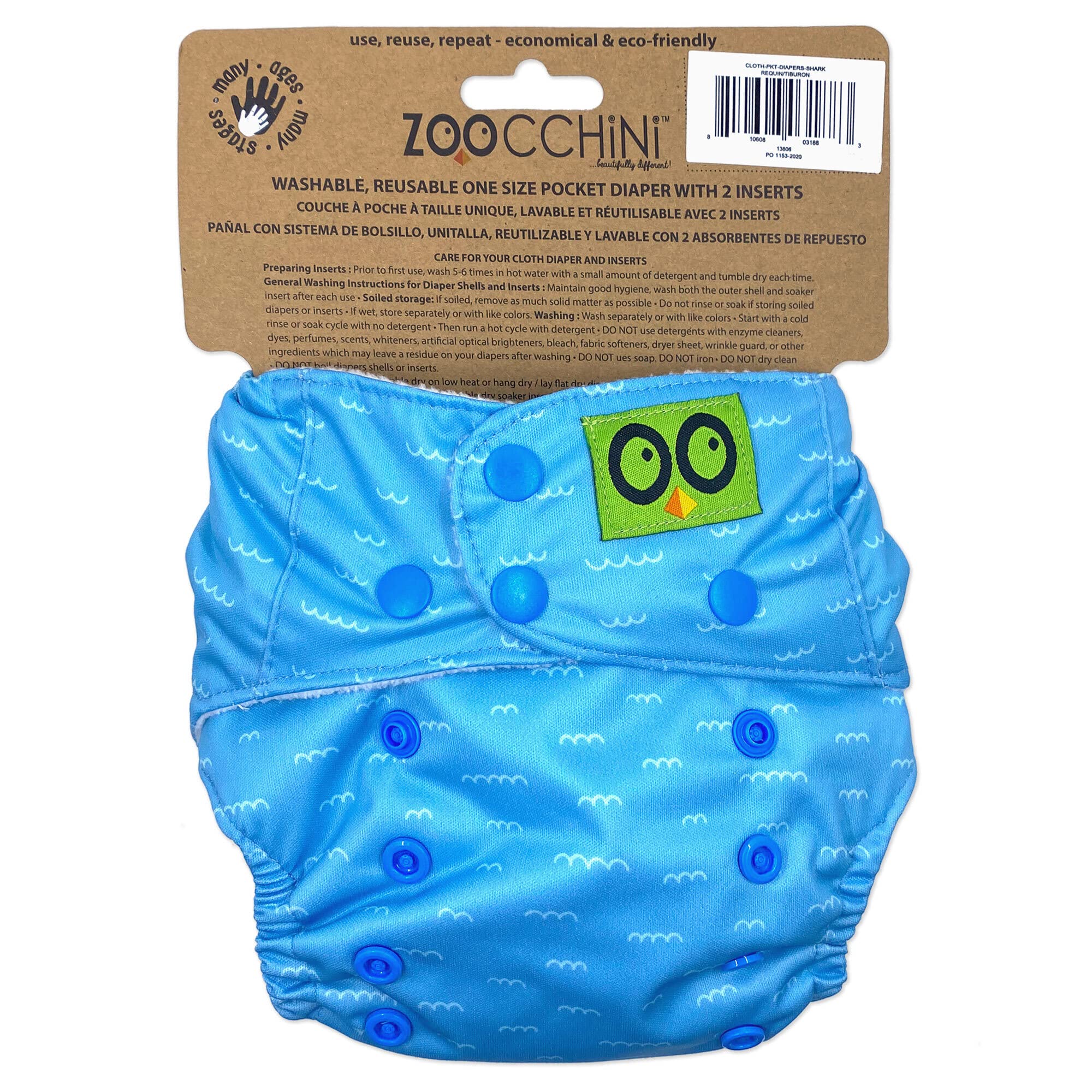 ZOOCCHINI Baby/Toddler One Size Reusable Pocket Diaper w/2 Inserts (Sherman The Shark)