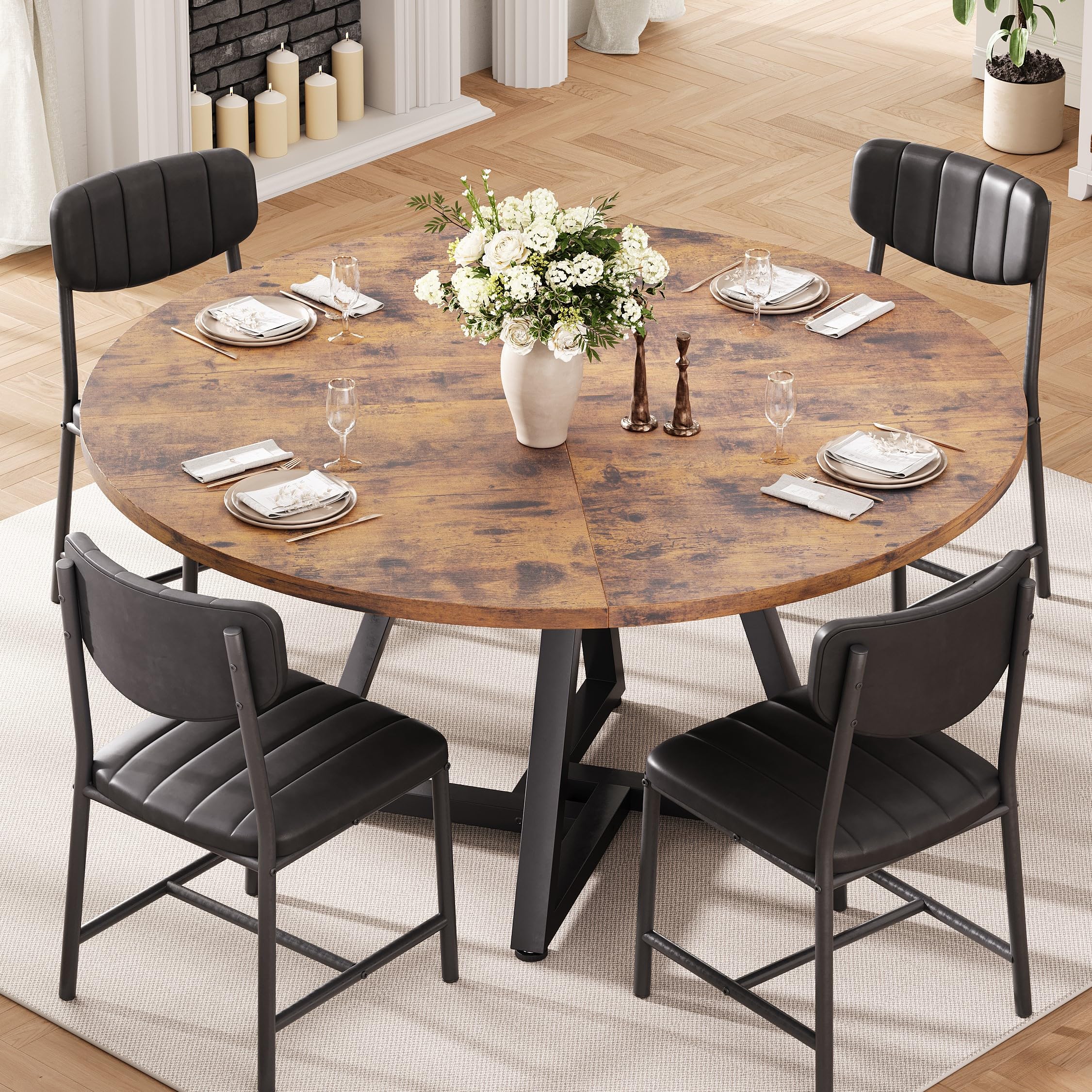Esstisch Runder und 4 Esszimmerstühle Set, Essgruppe 5-Teilig, Küchentisch mit stabilem Metallgestell und 4 stühle, platzsparender Esszimmertisch aus Holz im Industrial Design (Vintage Braun, 107cm)