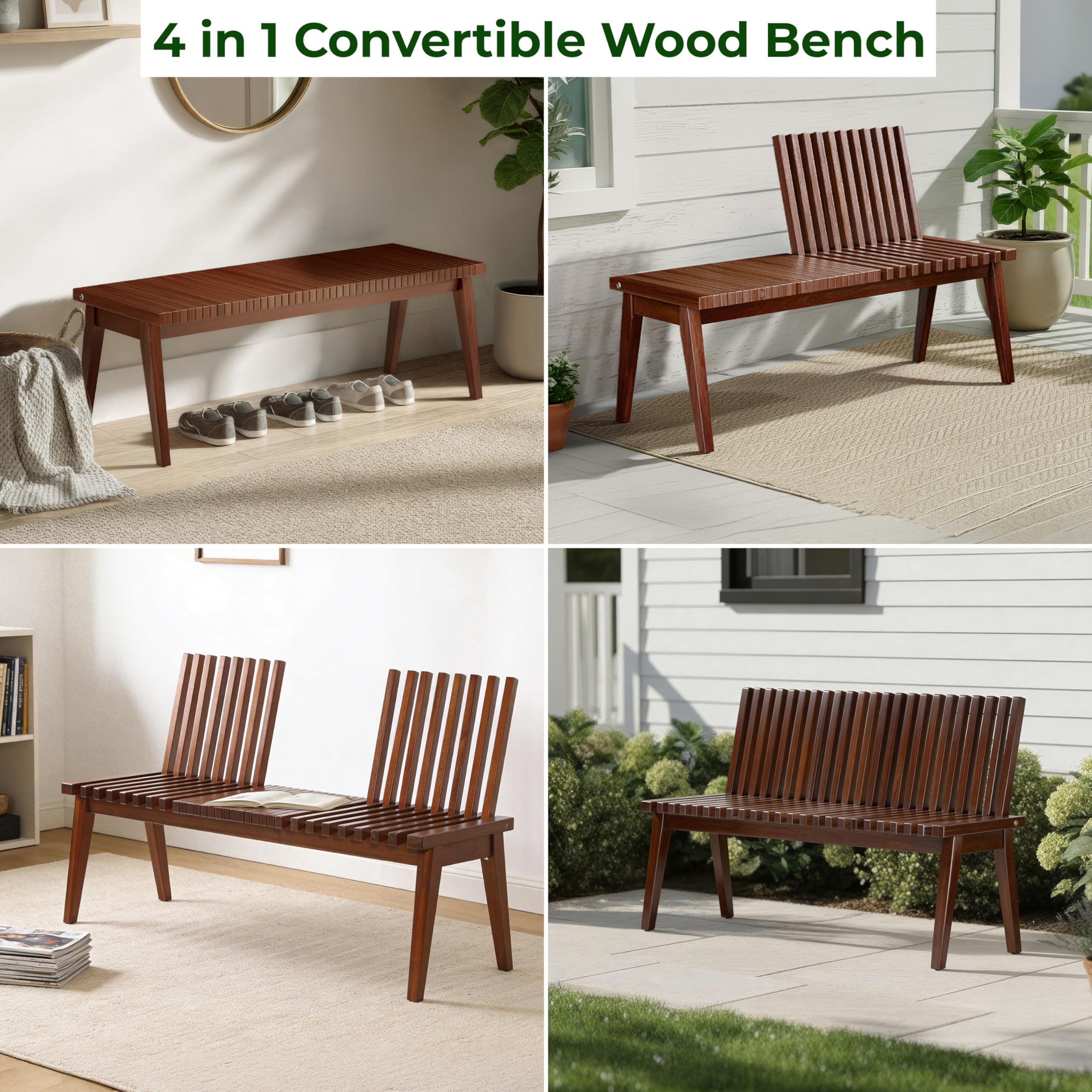 Melino Wooden Bench Outdoor 47" Convertible Acacia Wood Bench, Solid Wood Indoor Patio Benches for Outdoors, 3 in 1 Garden Bench for Porch Entryway Living Room Backyard Deck, Brown