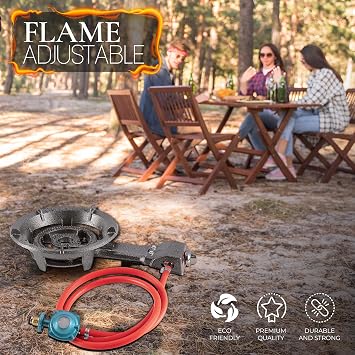 Alpine Cuisine 40,000 BTU Gas Stove Burner 13 Inch with Cast Iron legs | High-Pressure Cast-Iron Propane Burner & Hose - Kitchen Equipment & Camping Burner | Perfect for Home & Outdoor Cooking
