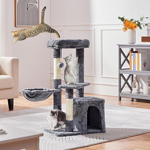 Miniatura 2 de Yaheetech Torre para gatos de 33 pulgadas, moderno poste rascador para gatos con acogedor condominio y cesta cálida como centro de actividades para