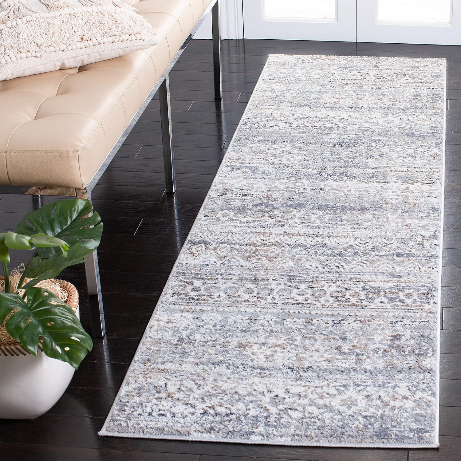 SAFAVIEH Amelia Collection Runner Rug - 2'3" x 8', Grey & Gold, Boho Chic Distressed Design, Non-Shedding & Easy Care, Ideal for High Traffic Areas in Living Room, Bedroom (ALA484H)