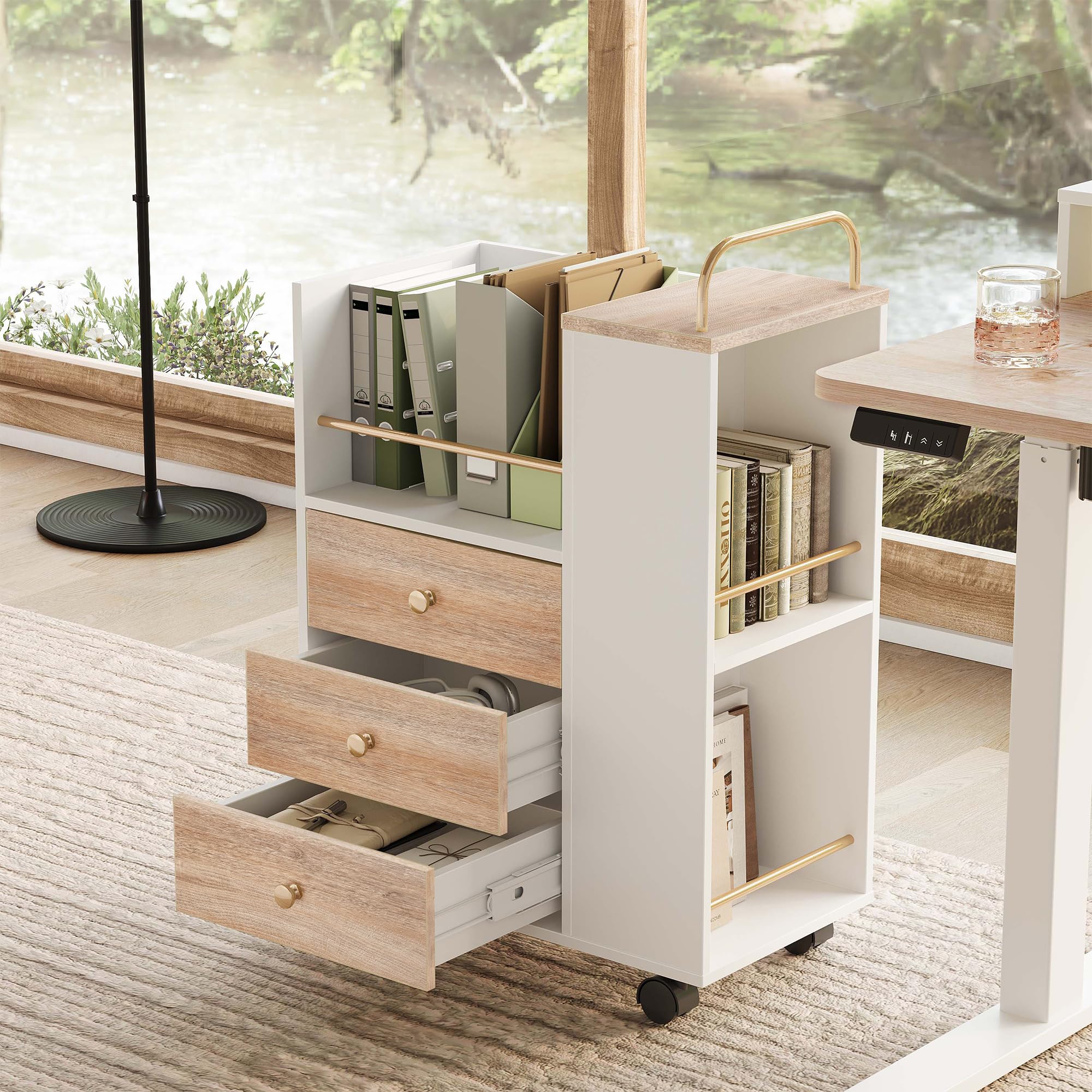 ModernMate 3 Drawer Mobile File Cabinet, Wood Rolling Filing Cabinet with Lockable Wheels, Utility Cart with Open Storage Shelves Home Office Fits A4/