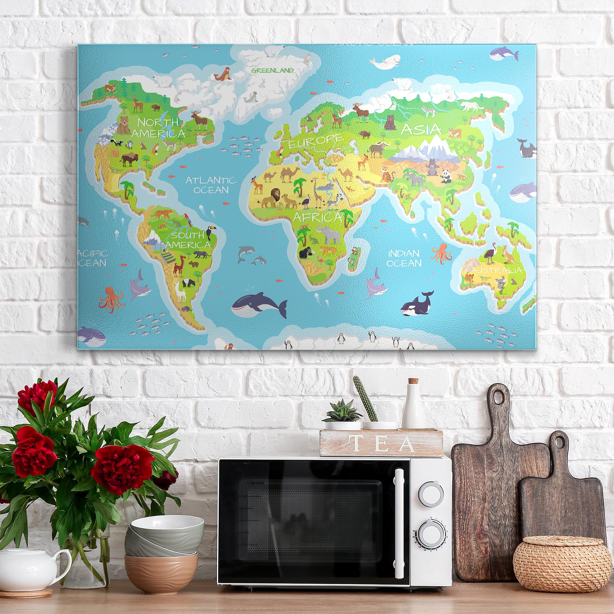DEQORI Pizarra magnética de metal, 60 x 40 cm, diseño de mapa del mundo infantil para todos los imanes, pizarra magnética de pared para cocina y oficina, diseño magnético