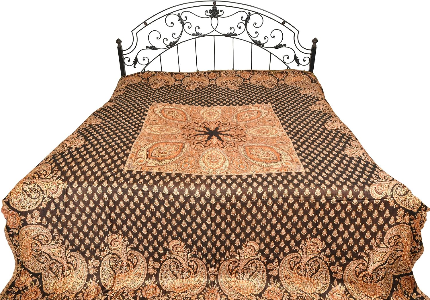 Reversible Jamawar Bedspread with Woven Bootis and Paisleys on Border - Rayon - Color Cyan Blue Color
