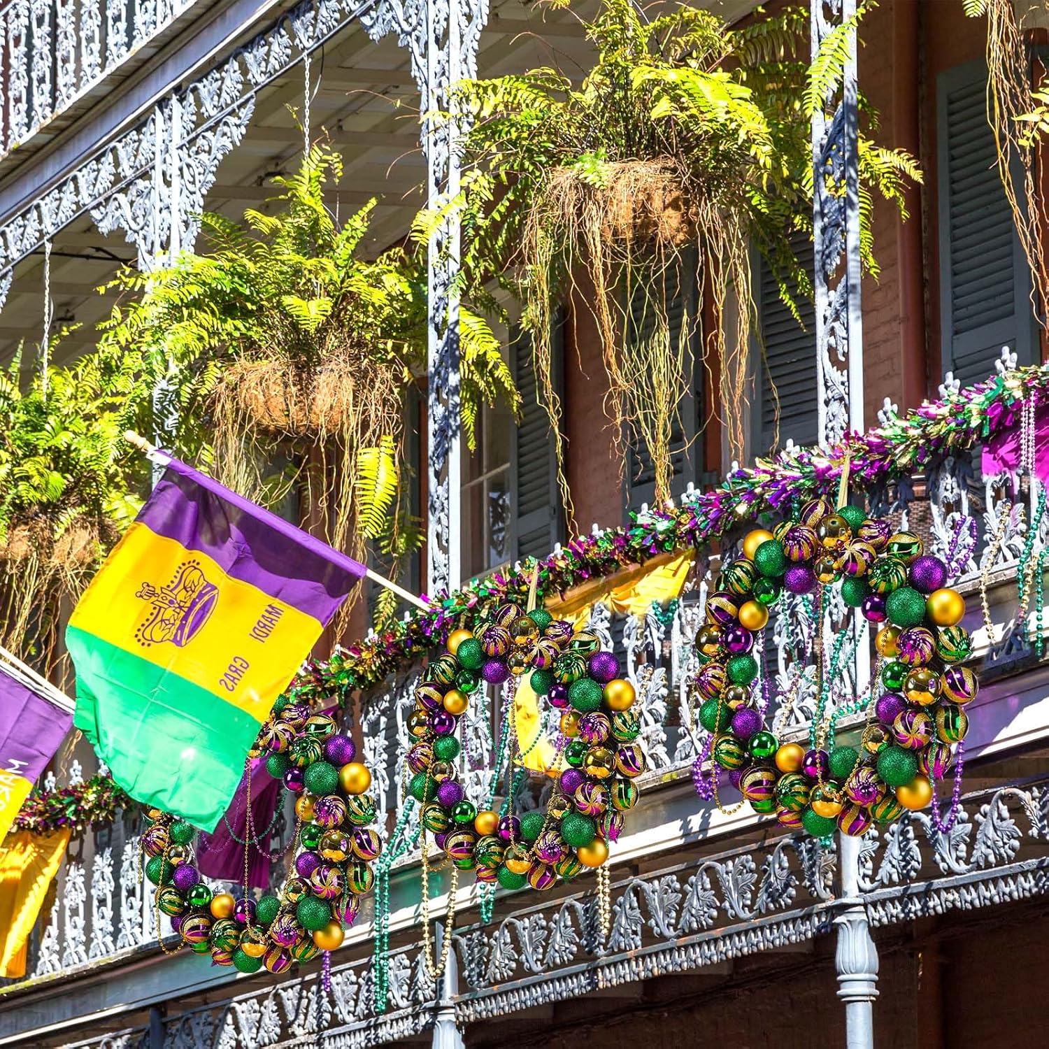 Riceshoot 24 Inch Mardi Gras Door Wreath Large Mardi Gras Wreath for Front Door Green Purple Gold Party Decorations for Outdoor Holiday Party Favors