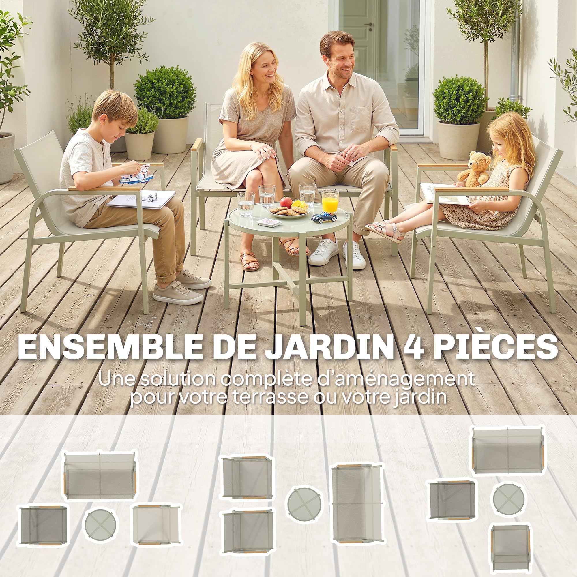 Outsunny Salon de Jardin 4 Pièces en Textilène, Ensemble de Terrasse avec Canapé 2 Places, 2 Fauteuils et Table Basse en Verre Trempé, Mobilier de Jardin pour Balcon ou Piscine, Vert