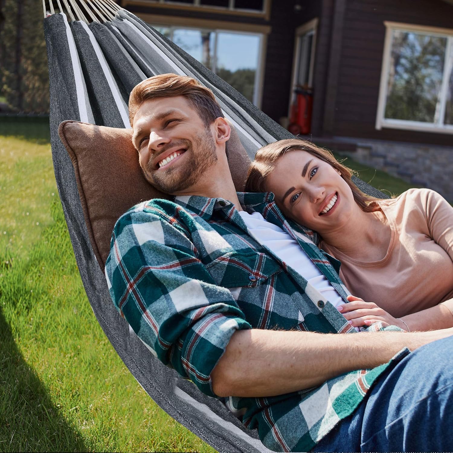 Double Hammock Brazilian Hammocks with Portable Carrying Bag,Soft Woven Fabric, Up to 450 Lbs Hanging for Patio,Trees,Garden,Backyard,Porch,Outdoor and Indoor XXX-Large Grey&White Stripe