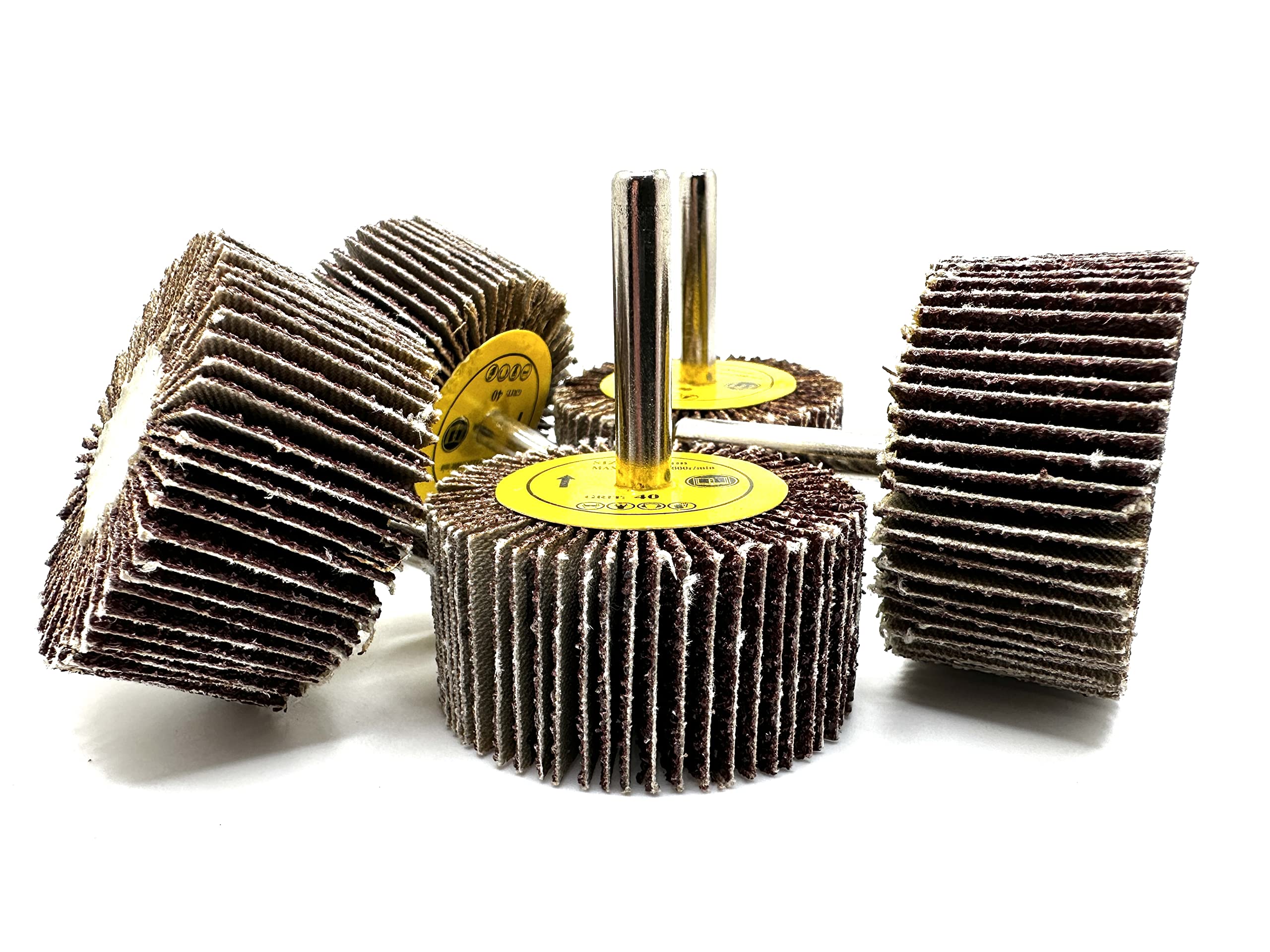 SuperGrindzPro-Graad 5 Pack 2" x 1" x 1/4" 40 Grit Aluminum Oxide Shank Mounted Abrasive Flap Wheels, Ideal for Metal, Wood, Grinding, Blending, Polishing, Rust & Paint Removal