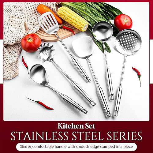 Miniatura 6 de Juego de utensilios de cocina de acero inoxidable de 6 piezas con asas ergonómicas  Herramientas de cocina resistentes al calor, incluye espátula
