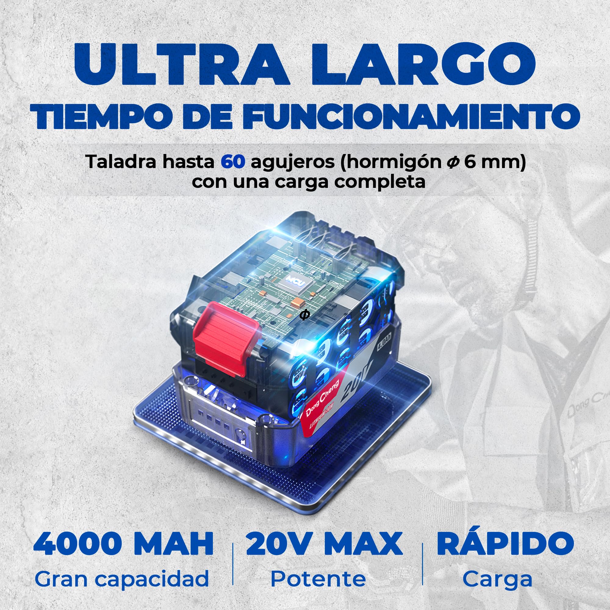 DongCheng Martillo perforador sin cable 18V, energía de impacto 2,1 J, 4 piezas SDS-plus, perforación hasta 28 mm, motor de percusión sin escobillas empuñadura antivibración baterías 4Ah y cargador 2A