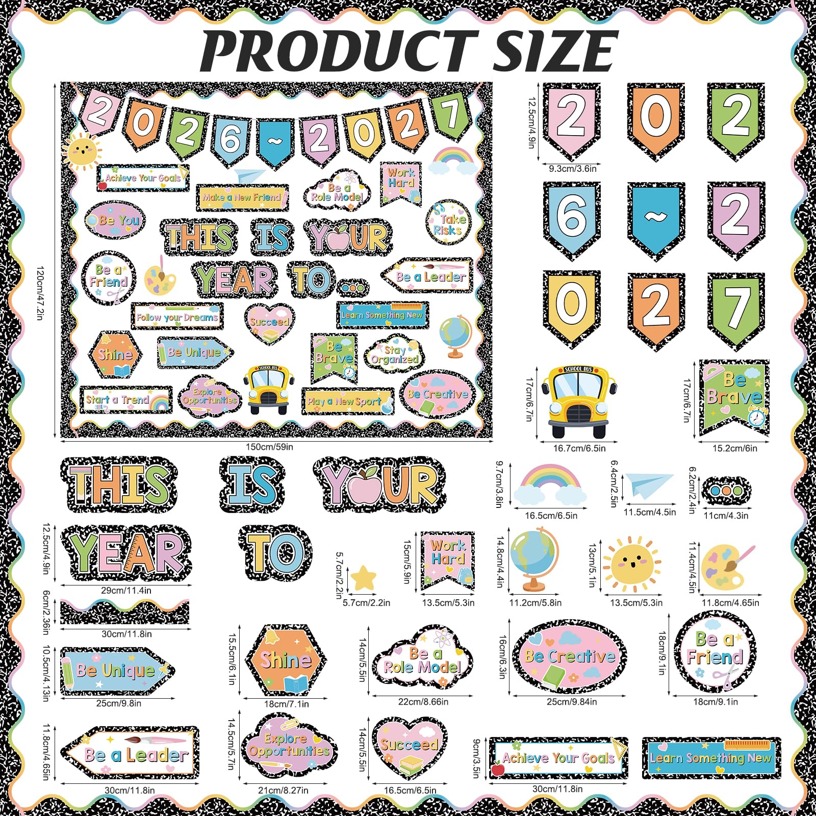 Juego de 72 tableros de anuncios para el regreso a clases 2026-2027, este es tu año para decorar con cuaderno de composición, recortes motivadores para la escuela, oficina, aula, pizarra, decoración