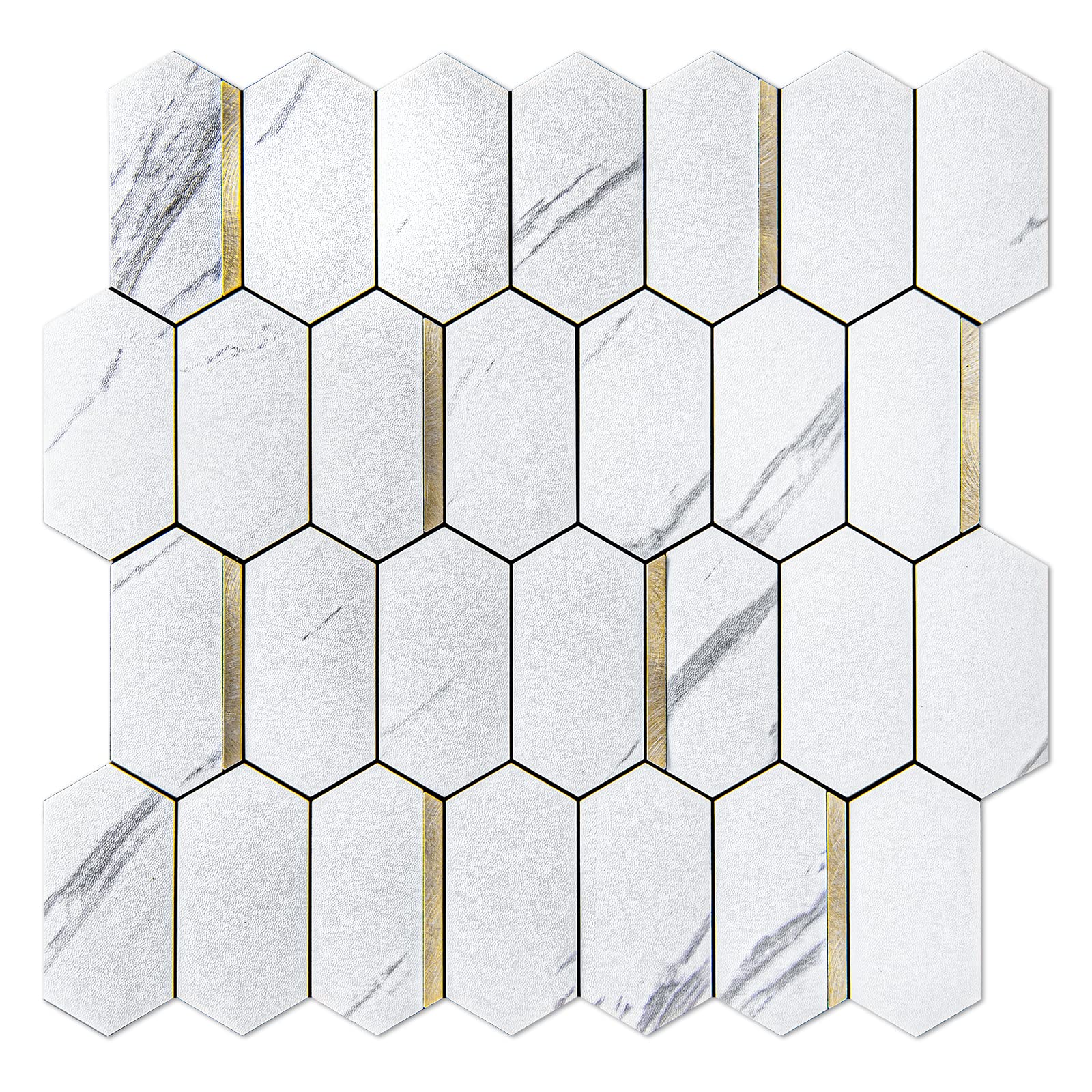 Art3dwallpanels 10-Sheet Hexagon Tile Peel and Stick Backsplash, Stick on Backsplash for Kitchen, Bathroom, Self-Adhesive White Marble Mixed Metal Gold Wall Tiles