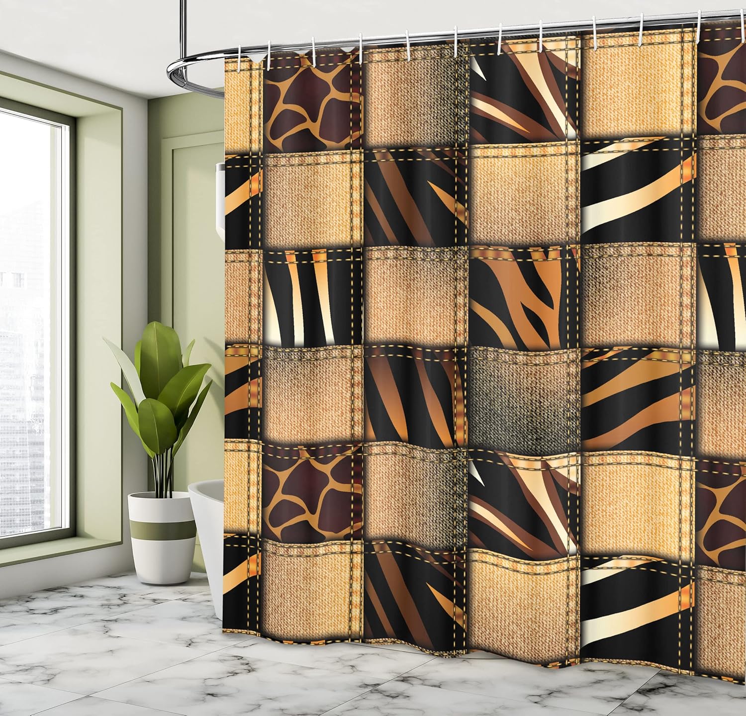 Ambesonne Savannah Shower Curtain, Earthy Jeans Denim Inspired Patchwork in Giraffe and Zebra Design Art Print, Cloth Fabric Bathroom Decor Set with Hooks, 69" W x 70" L, Black and Brown