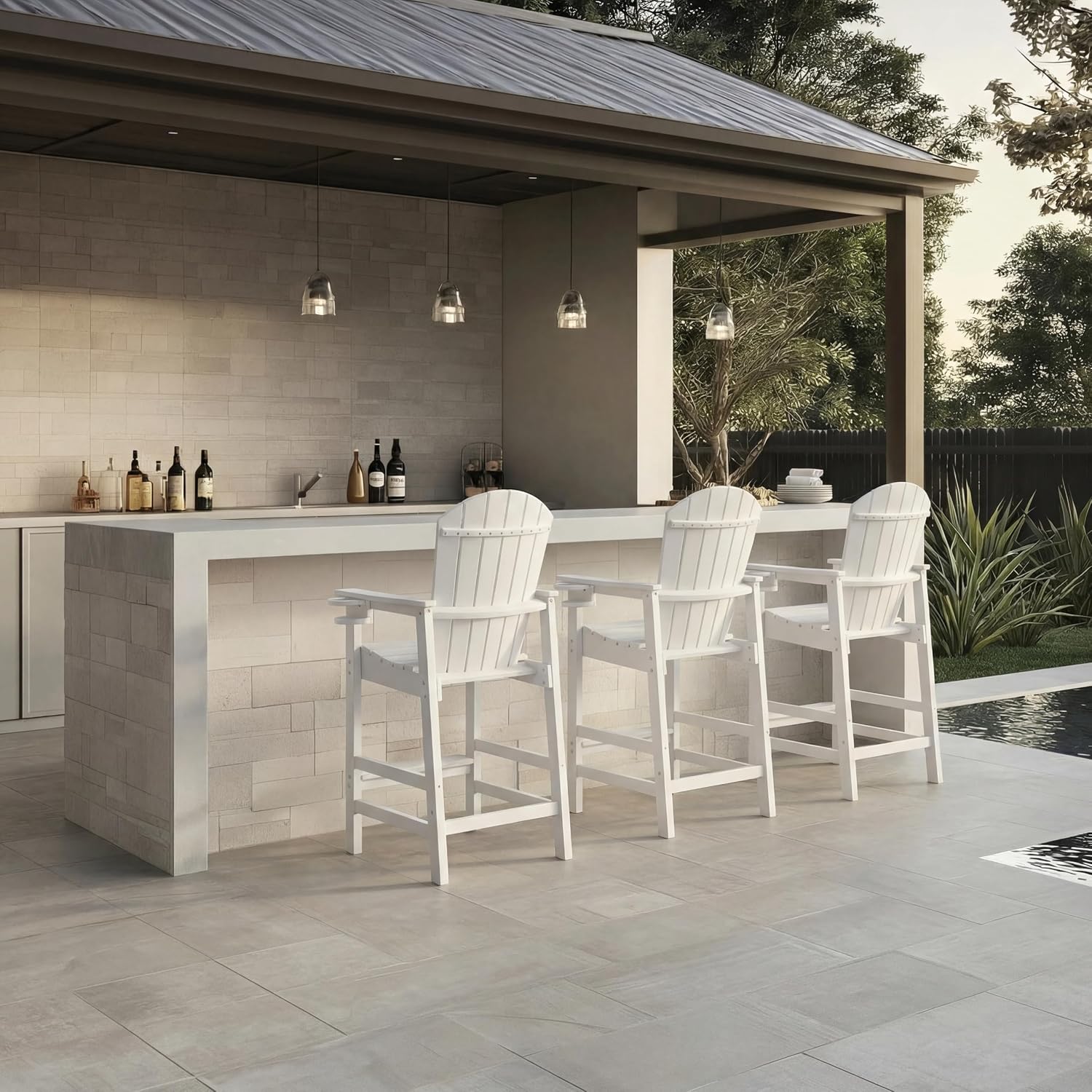 WILLIAMSPACE Patio Bar Chair Bar Stool, Outdoor All Weather HDPE Height Adirondack Chair with Armrests & Cup Holder, 1-Piece Counter Height Chair for Pool, Garden, Kitchen, ONLY Chair (White)