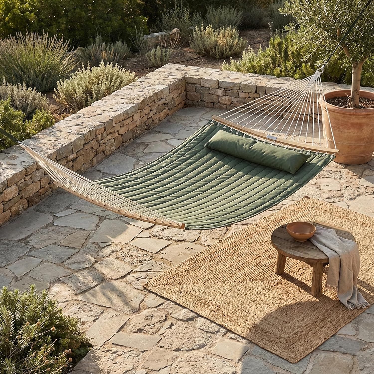 Fab Habitat Solid Quilted Recycled Polyester Hammock with Pillow, Curved Spreader Bar - Fargo - Green - Indoor/Outdoor, Quick Dry, 2 Person 460 lbs Capacity - Patio, Poolside - 11-14 ft Adjustable