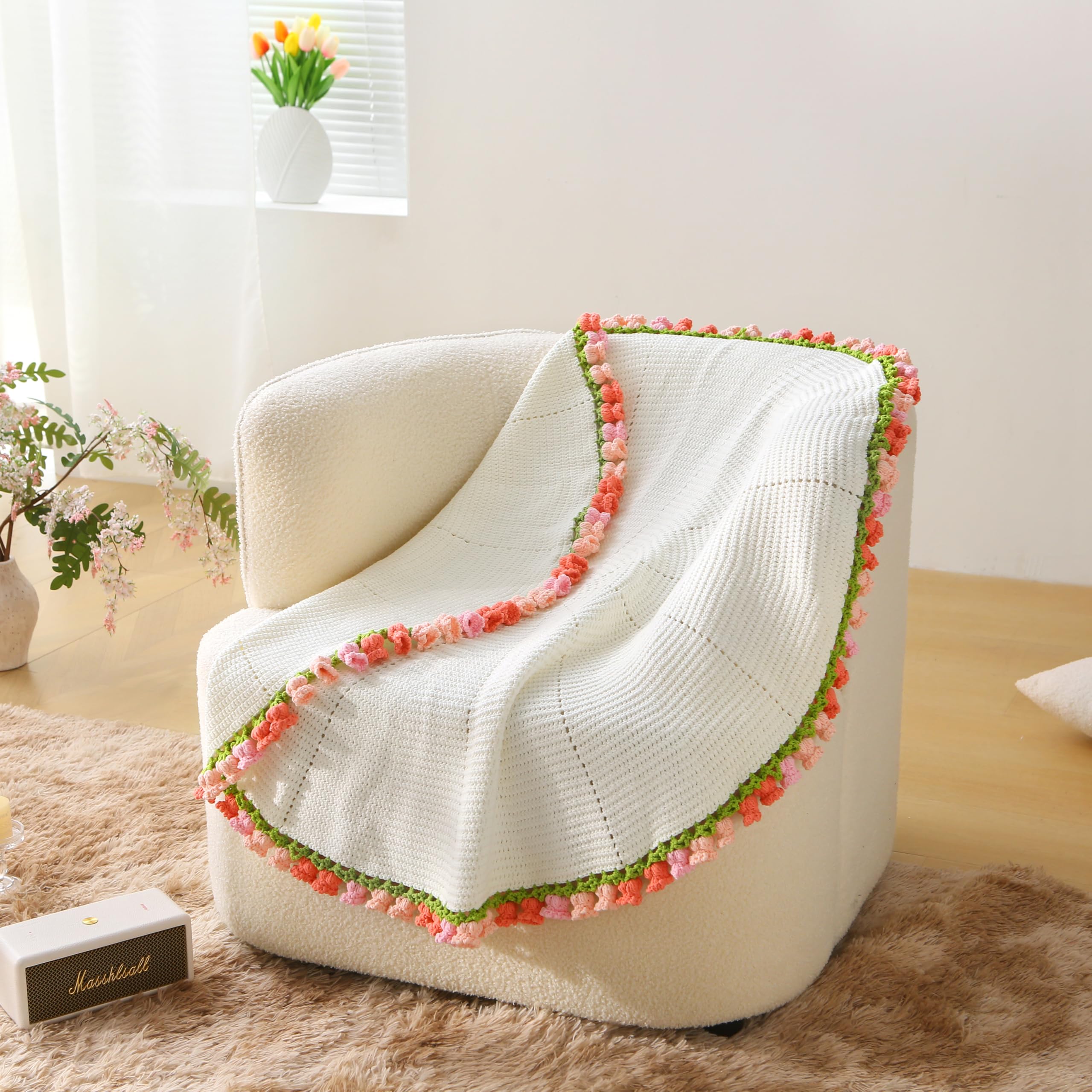 HZYZW Crochet Flower Blanket Kit for Beginners, 40'' Lily of The Valley Bouquet, Blanket Shawl Throw Kits for Adults, How to Knitting with Yarn, Home Decor Gifts for Crocheters (White-Pink Lily)