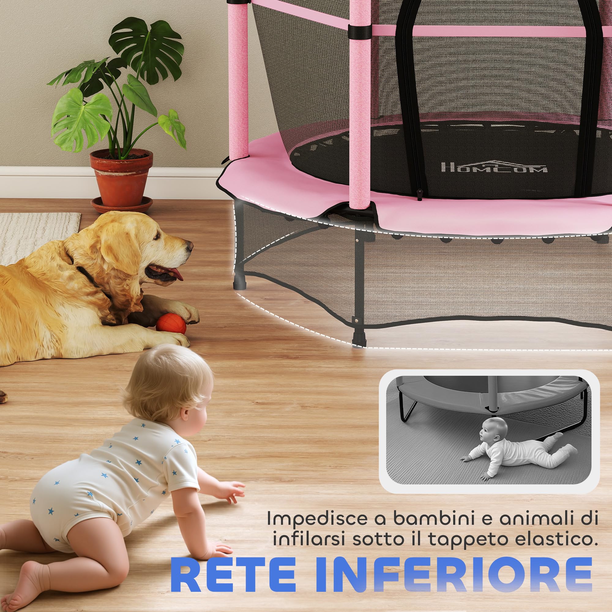 HOMCOM Trampolino Elastico per Bambini con Rete di Sicurezza e Pali Imbottiti, Tappeto Elastico Bambini in Acciaio per Interno ed Esterno, Età 3-10 Anni, Ø140 x 190 cm