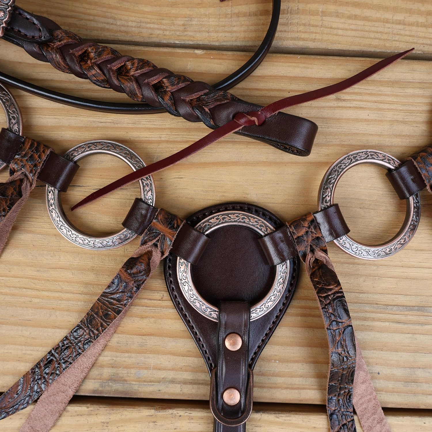 Ring Headstall & Breast Collar Tack Set - Brown Leather with Engraved Antique Nickel Rings, Metallic Leopard Fringe, Braided Browband & Cheekpiece