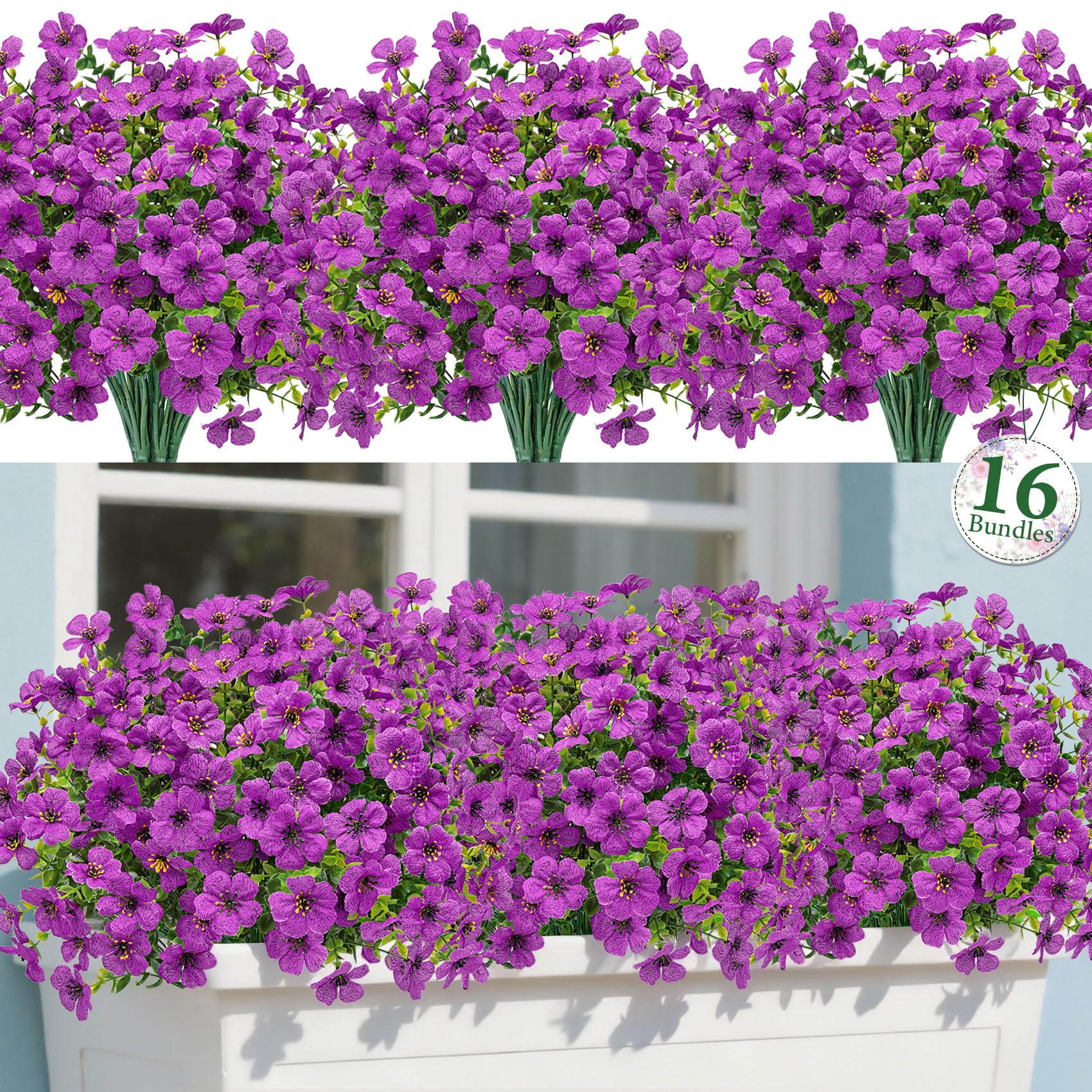 Bassion 16 Bundles Artificial Flowers for Outdoors Fake Flowers, Purple